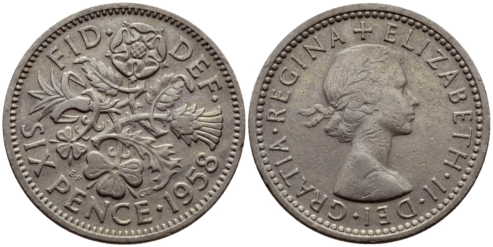 Великобритания 6 пенсов 1958 Елизавета II (1952-2022) KM 903, Spink 4149 медно-никель 75-1032