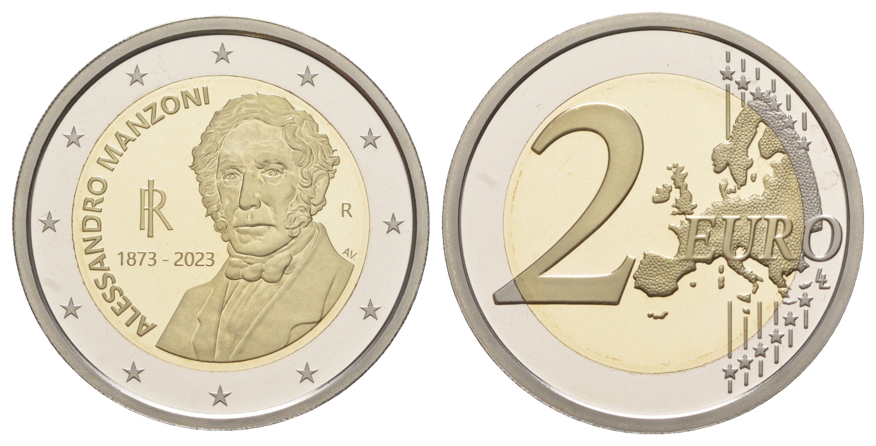 Италия 2 евро 2023 150 лет со дня смерти Алессандро Мандзони, в оригинальной упаковке, с сертификатом, тираж 17.000 экземпляров биметалл PROOF 8-2-01-52
