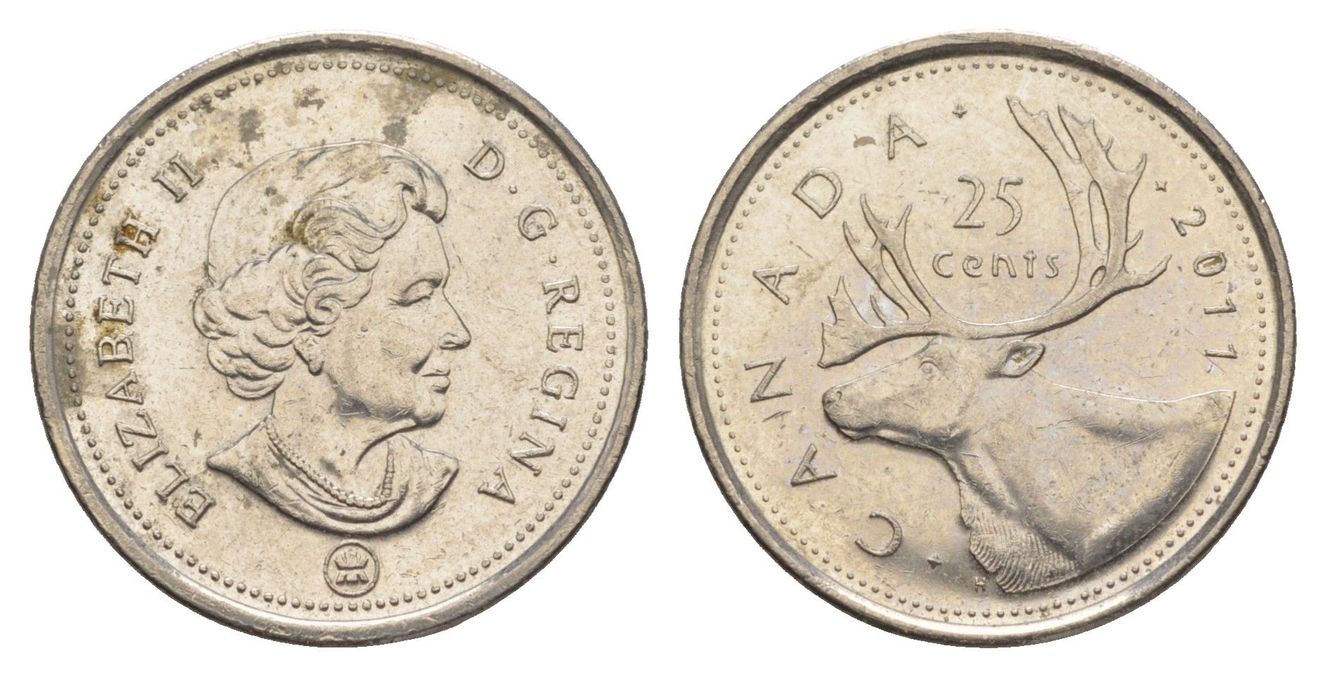 Канада 25 центов 2011 Leaf, Елизавета II (1952-2022), олень KM 493 сталь плакированная никелем UNC 4637-846