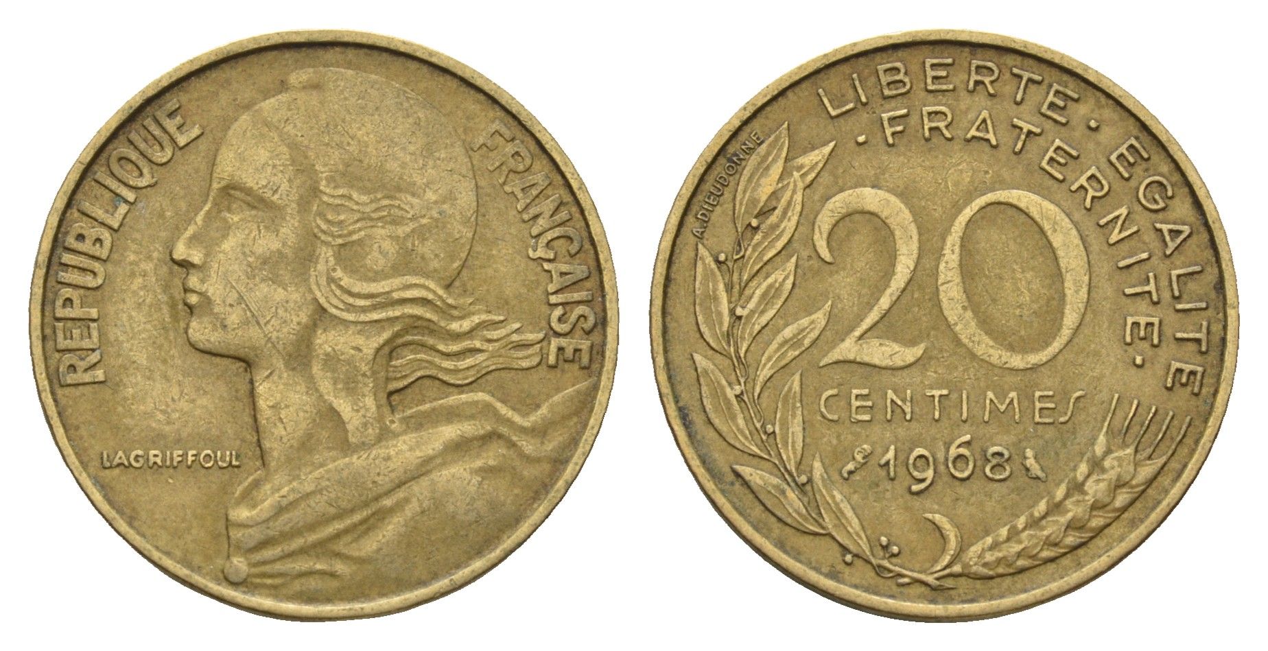Франция 20 сантимов 1968 KM 930 алюминиевая бронза 4673-1115