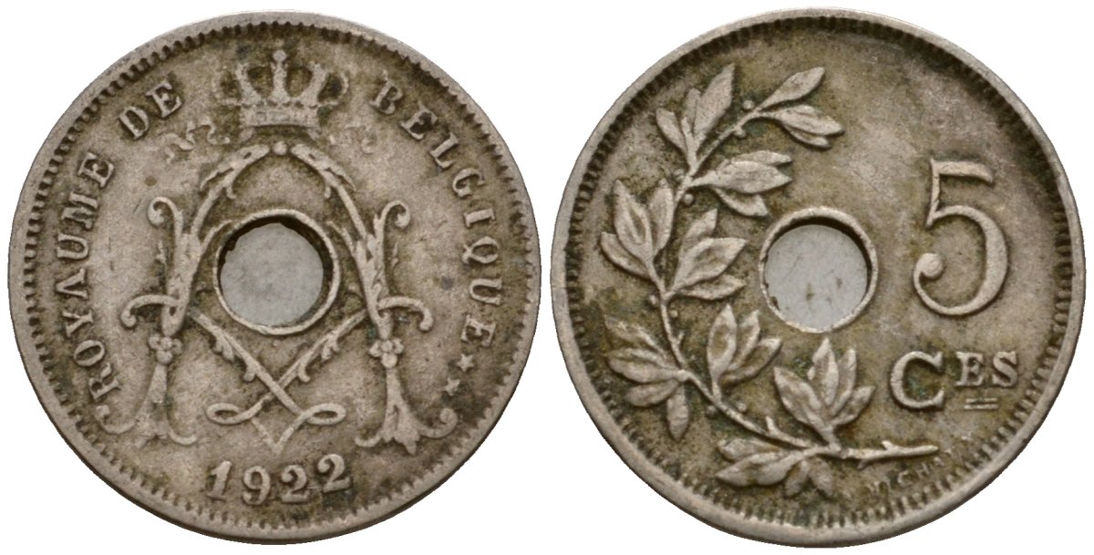 Бельгия 5 сантимов 1922 Belgique KM 66 медно-никель 4602-129