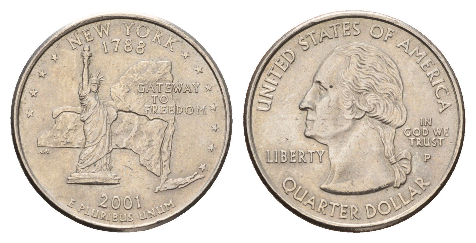 США 25 центов (квотер, 1/4 доллара) 2001 P, Квотер штата Нью-Йорк KM 318 медь плакированный медно-никелем 4666-1041