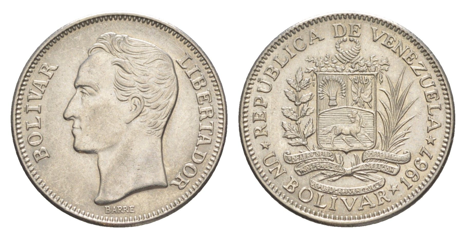 Венесуэла 1 боливар 1967 Y 42 никель UNC 4582-552