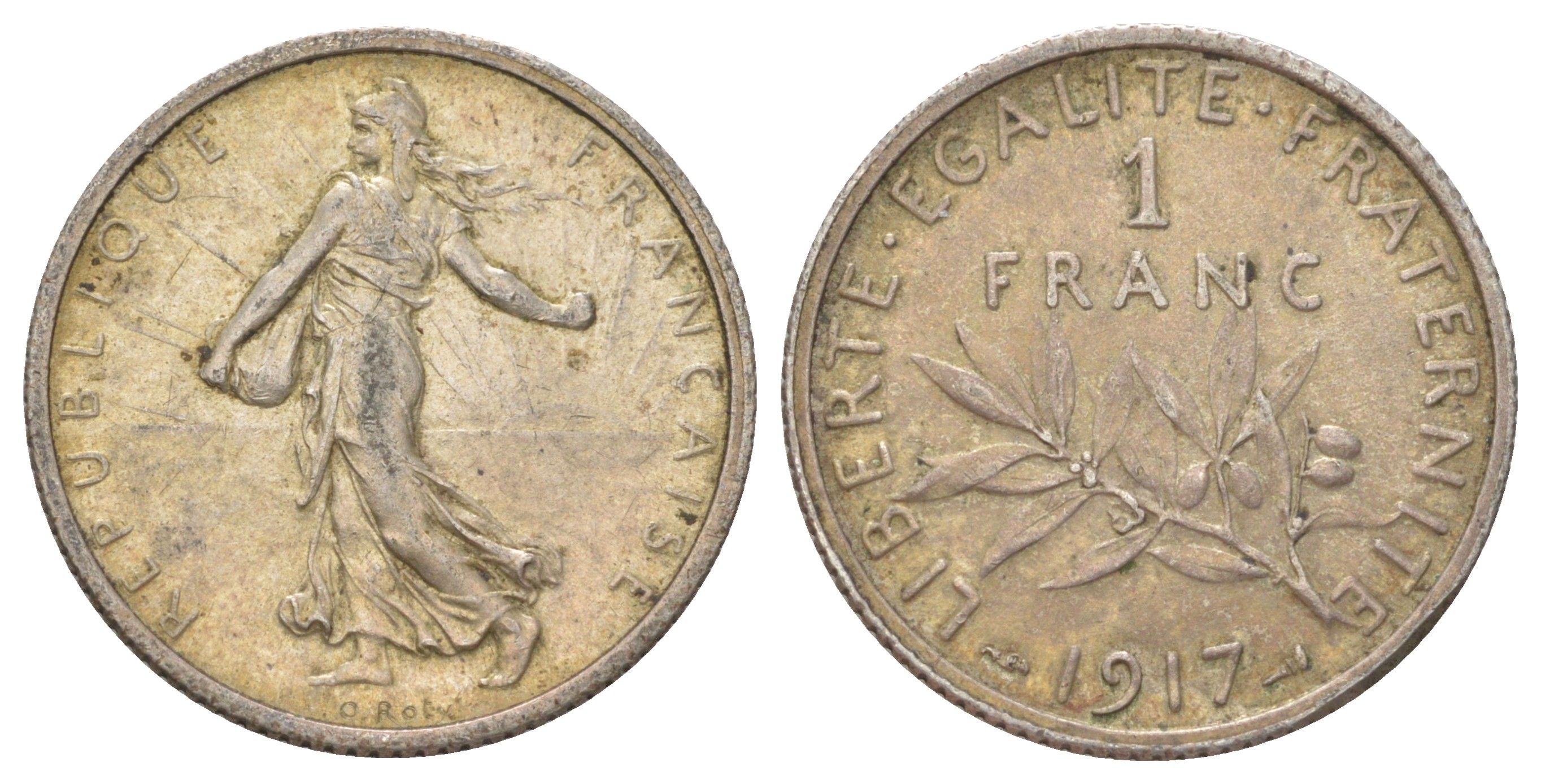 Франция 1 франк 1917 KM 844 серебро 4622-1115