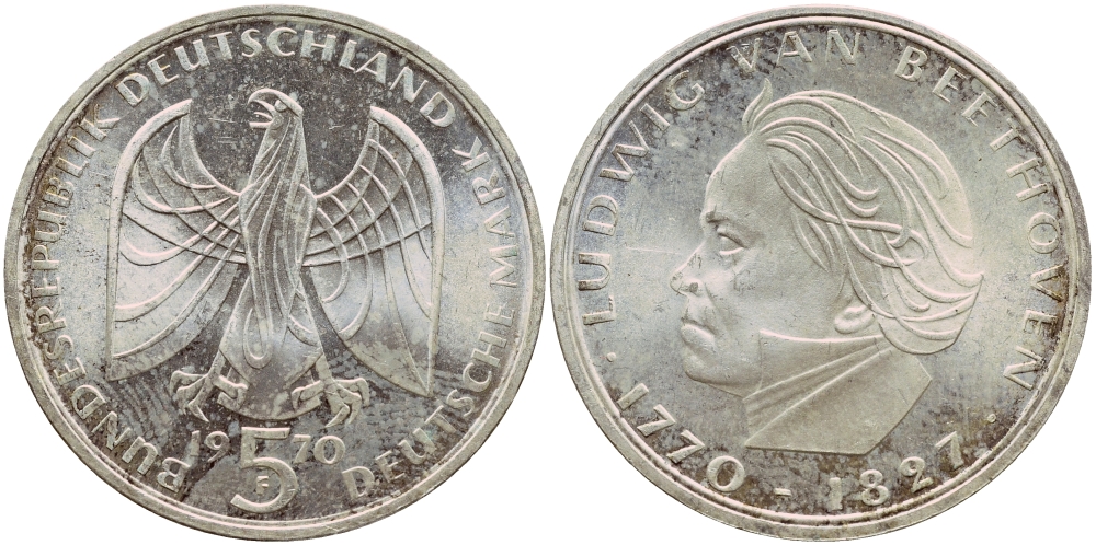 ФРГ 5 марок 1970 F. 200 лет со дня рождения Людвига ван Бетховена KM 127, J. 408 серебро aUNC 1529-243