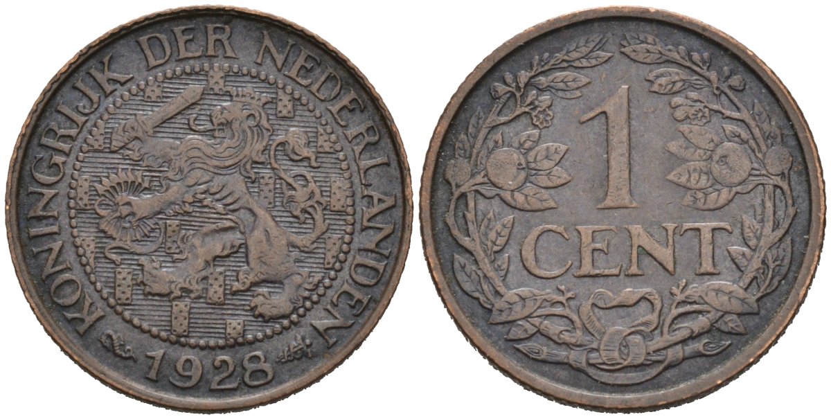 Нидерланды 1 цент 1928 Вильгельмина (1890-1948) KM 152 бронза 4576-738