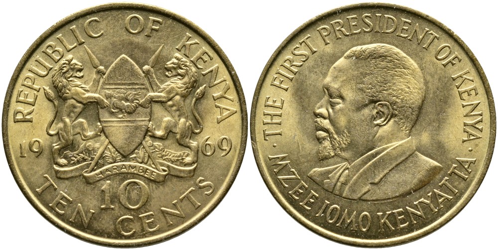 Кения 10 центов 1969 Джомо Кениата KM 11 никель латунь 4526-1112