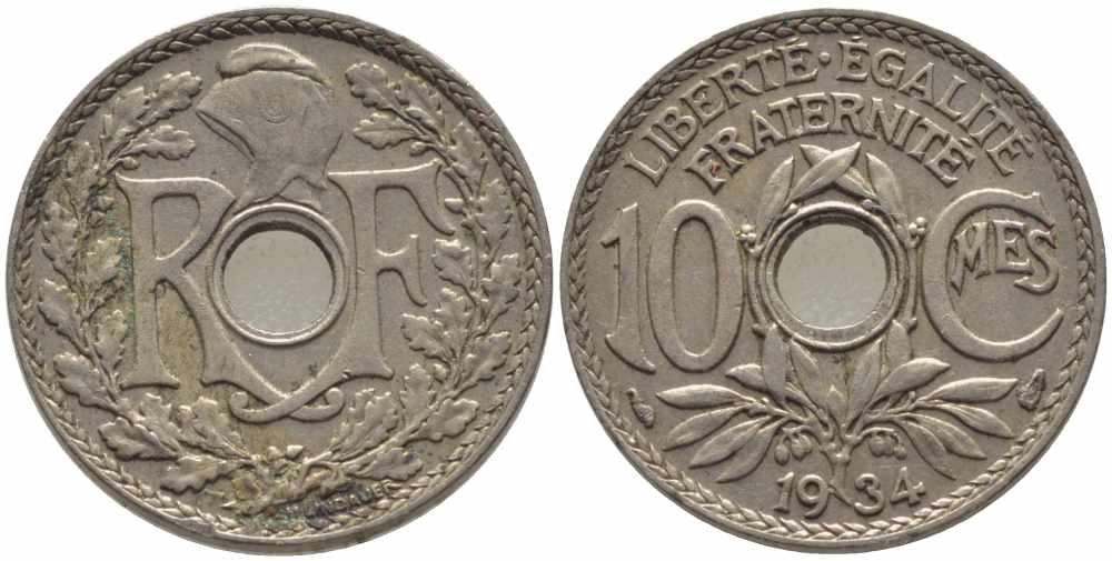ФРАНЦИЯ 10 САНТИМОВ 1934 ТИП ЛИНДАЙЁ KM 866а, LE FRANC 138.21 медно-никель 108-221