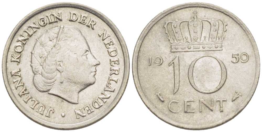 НИДЕРЛАНДЫ 10 ЦЕНТОВ 1959 ЮЛИАНА KM 182 никель 66-819