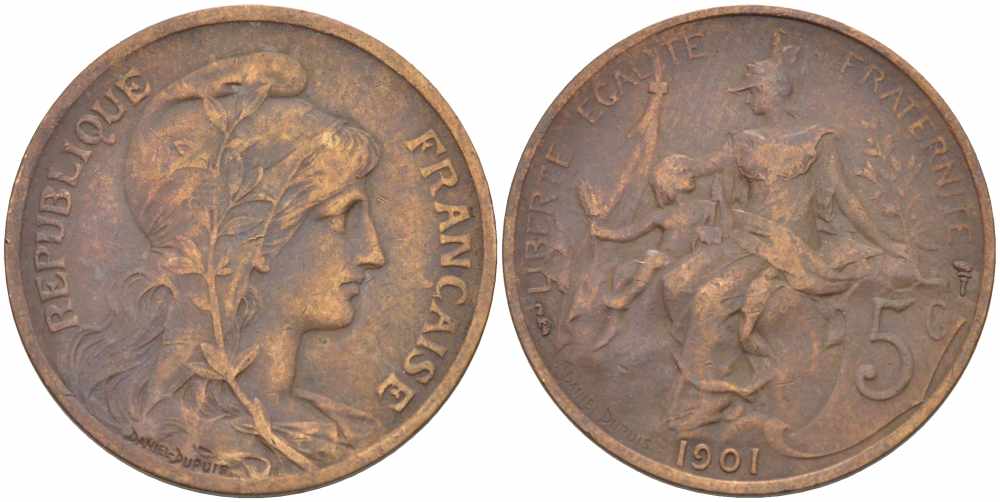 ФРАНЦИЯ 5 САНТИМОВ 1901 ТИП ДАНИЭЛЬ ДЮПЮИ KM 842, LE FRANC 119.11 бронза 108-833