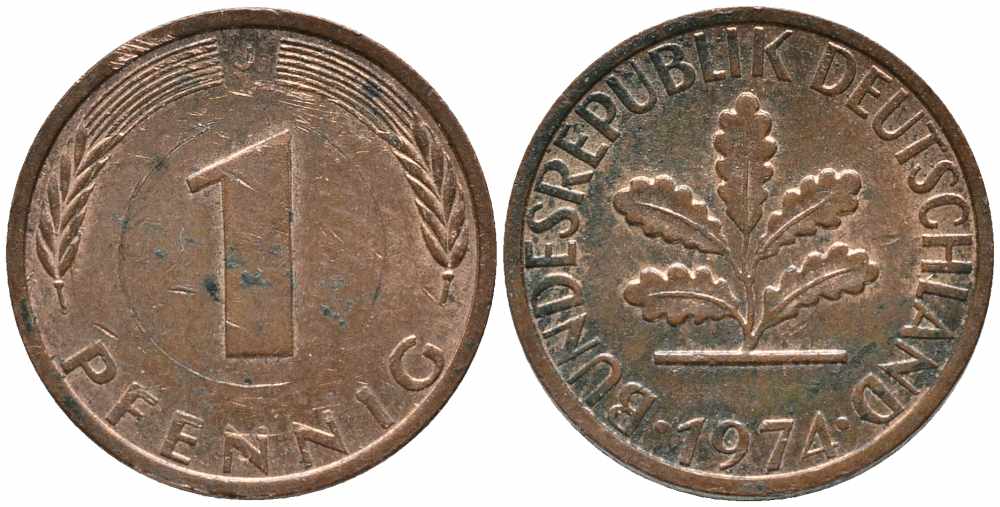 ФРГ 1 ПФЕННИГ 1974 J KM 105, J. 380 сталь плакированная медью 112-137