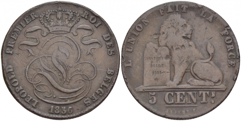 БЕЛЬГИЯ 5 САНТИМОВ 1856 BELGES KM 5.1 медь 110-221