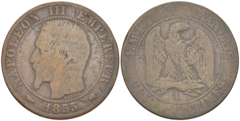 Франция 5 сантимов 1855 A, Наполеон III (1852-1870) KM 777.1, LE FRANC 116.16 бронза 217-156