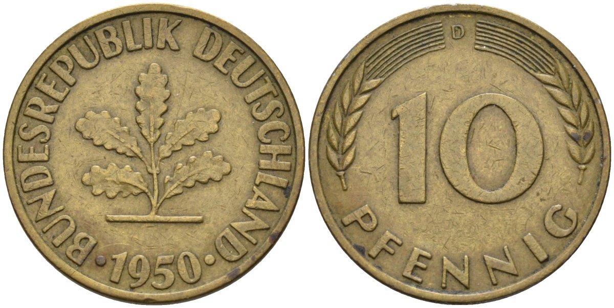 ФРГ 10 пфеннигов 1950 D KM 108, J. 383 сталь плакированная латунью 4586-635