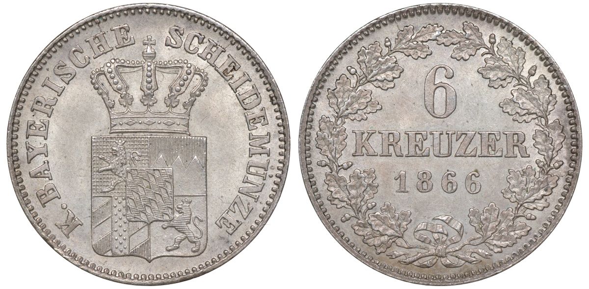 Бавария 6 крейцеров 1866 Людвиг II (1864-1888) KM 880 серебро  aUNC  1531-1243