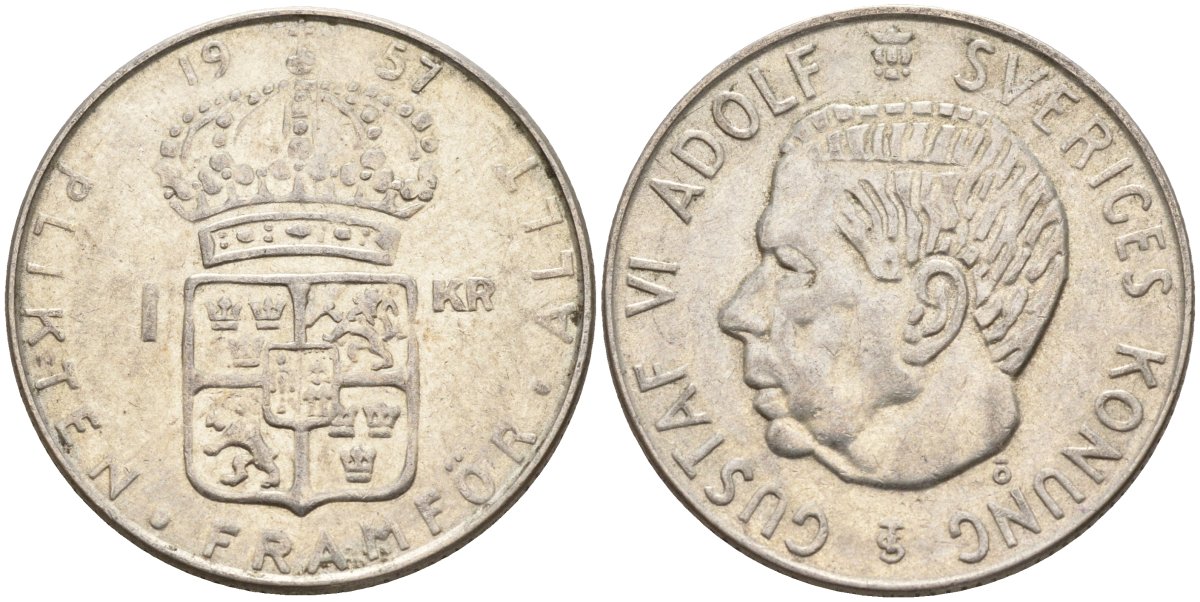 Швеция 1 крона 1957 TS, Густав VI Адольф (1950-1973) KM 826 серебро 4148-1156