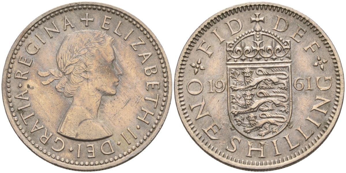 Великобритания 1 шиллинг 1961 Елизавета II (1952-2022), Английский герб KM 904, Spink 4147 медно-никель 4153-921