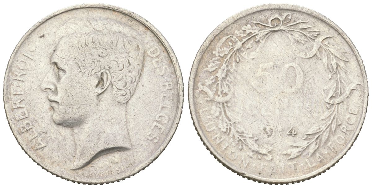 Бельгия 50 сантимов 1914 Альберт I (1909-1934), DES BELGES KM 70 серебро 63-714