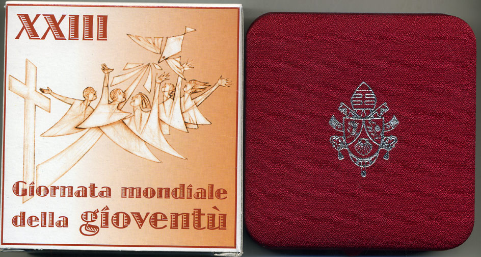 Ватикан 5 евро 2008 Бенедикт XVI, XXVII летние Олимпийские игры 2000 года в Сиднее, в оригинальной коробке, с сертификатом KM 406 серебро  PROOF  7-1-1-29