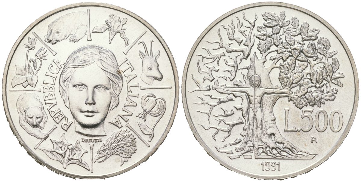 Италия 500 лир 1991 R, Флора и фауна KM 143 серебро BU 4367-923
