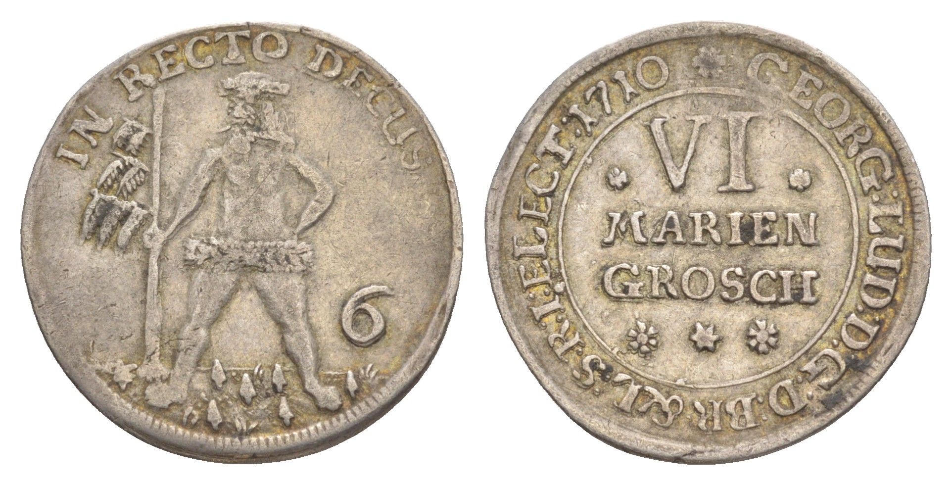 Брауншвейг-Каленберг-Ганновер 6 мариенгрошей 1710 дикарь, Георг I (1698-1727), из коллекции Ричарда Б. Смита KM 11, Welter 2179 серебро 1525-524