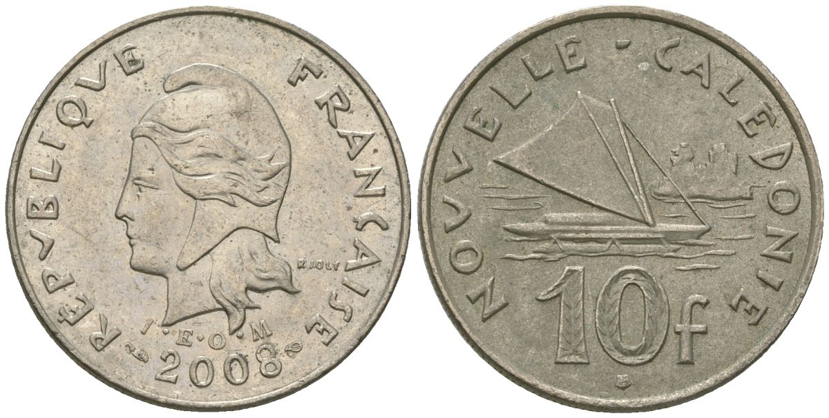 Французская Новая Каледония 10 франков 2008 рыбачья парусная лодка, (IEOM) KM 11a, Schoen 13a, Lec 99k медно-никель 60-746