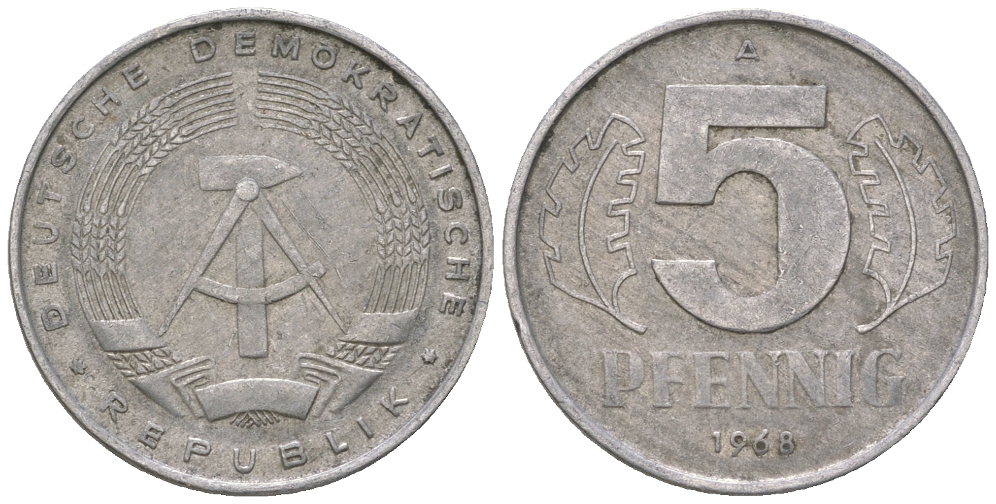 ГДР 5 пфеннигов 1968 А KM 9.1 алюминий 4625-148