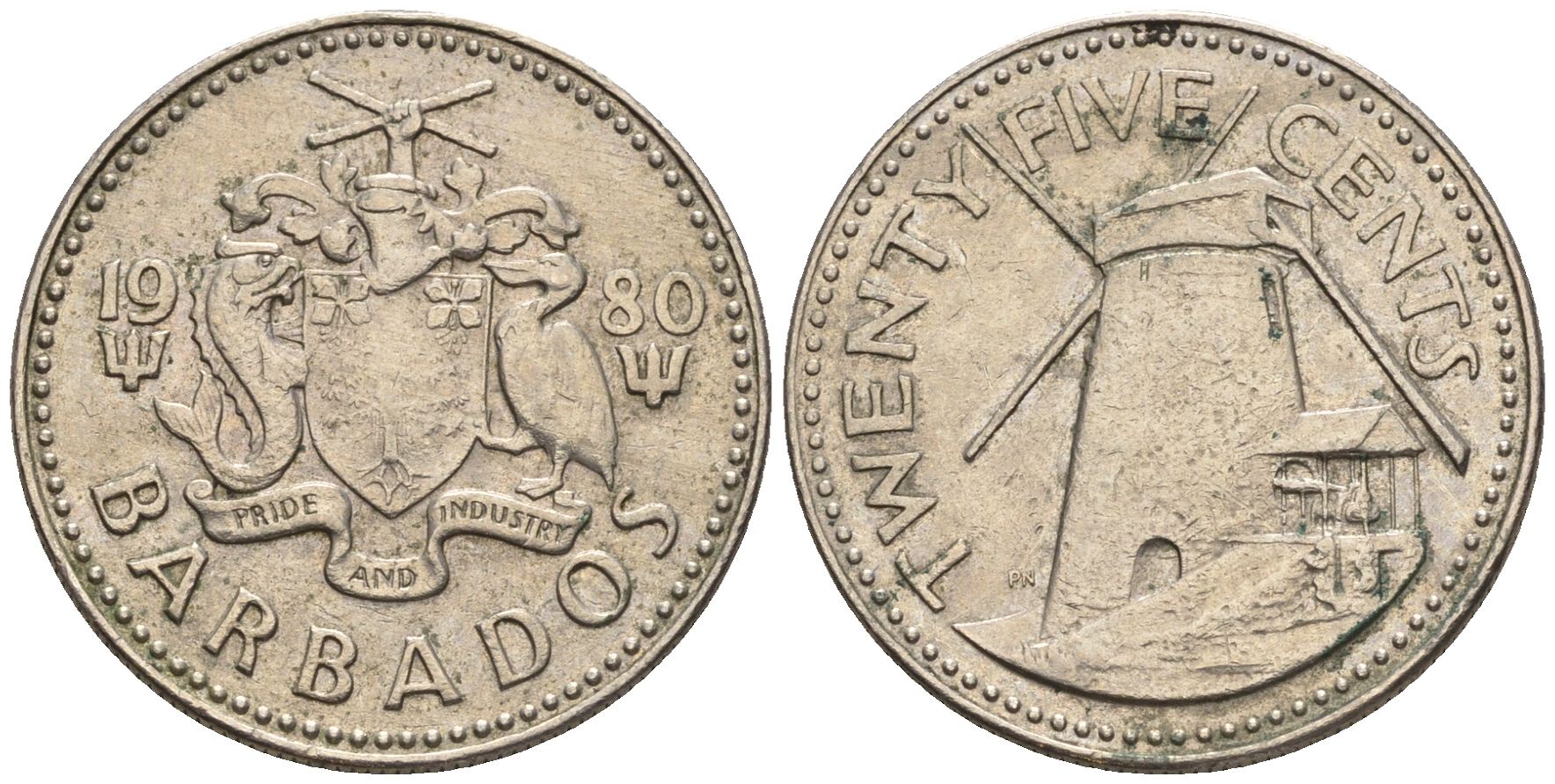 Барбадос 25 центов 1980 ветряная мельница Моргана Льюиса KM 13 медно-никель 87-245