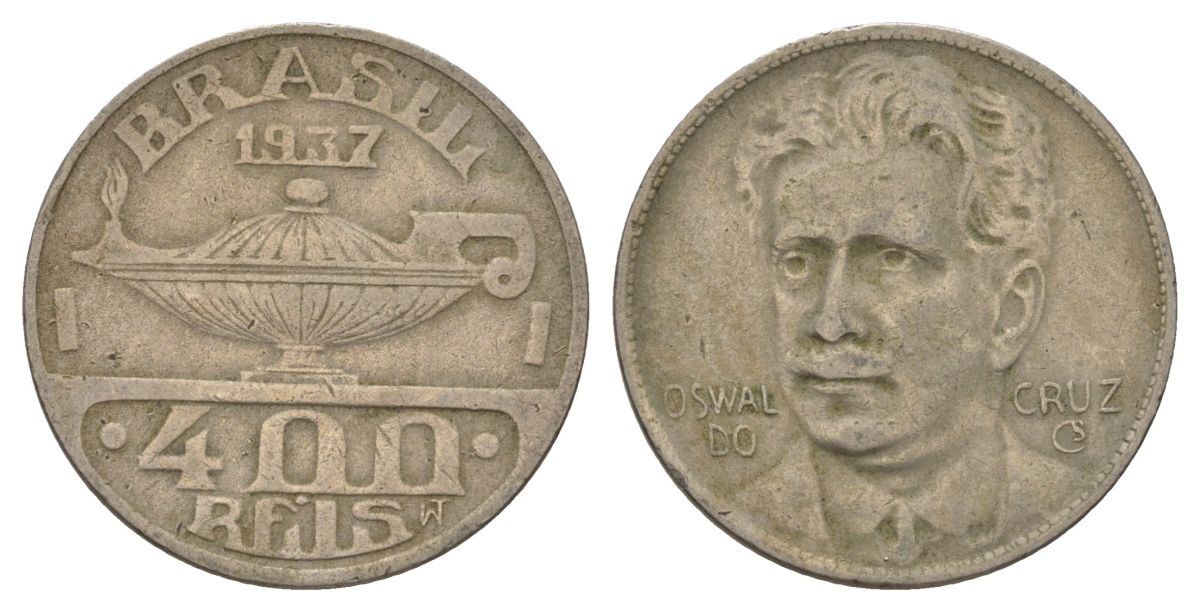 Бразилия 400 реалов 1937 Освалду Крус KM 539 медно-никель 4624-1245