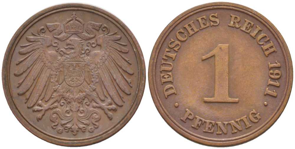 ГЕРМАНИЯ 1 ПФЕННИГ 1911 G KM 10, J. 10, Weege 2 медь 211-445