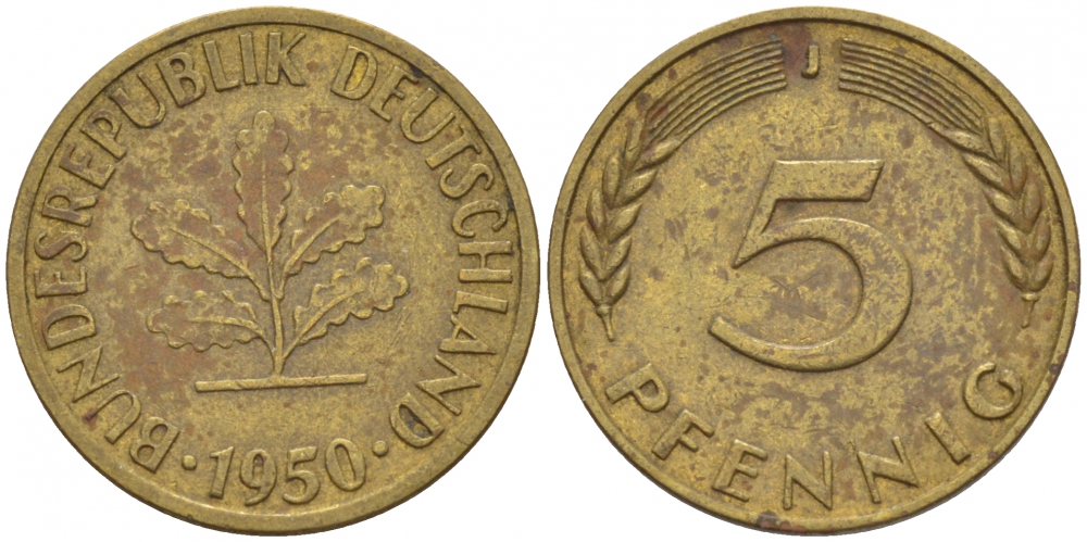 ФРГ 5 ПФЕННИГОВ 1950 J KM 107, J.382 сталь плакированная латунью 112-937