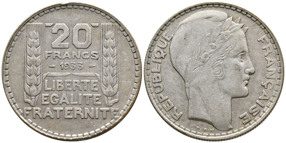 Франция 20 франков 1933 Пьер Тюрен KM 879, Le Franc 400.3 серебро 4386-414