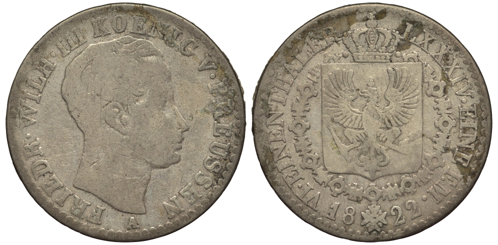 Пруссия 1/6 талера 1822 A, Фридрих Вильгельм III (1797-1840) KM 411 серебро 1519-1413
