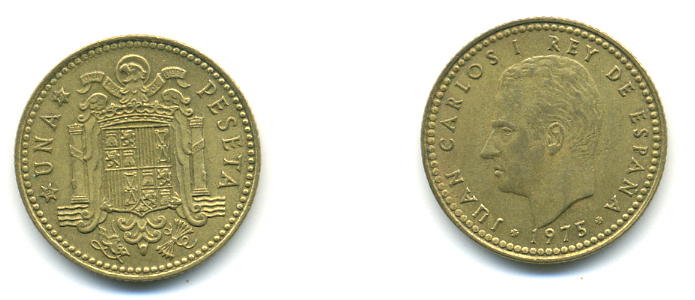 ИСПАНИЯ 1 ПЕСЕТА 1975 (77) ХУАН КАРЛОС I (1975-) КМ 806 алюминиевая бронза 177-117