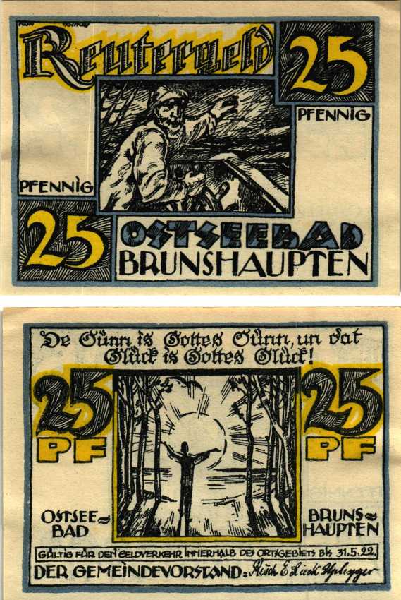 БРУНСШАПТЕН 25 ПФЕННИГОВ 1922 НОТГЕЛЬД, 1922 - 31 МАЯ 1922, ЗЕМЛЯ МЕКЛЕНБУРГ ПЕРЕДНЯЯ ПОМЕРАНИЯ Grabowski 195.1 бумага 6318-41-2-3