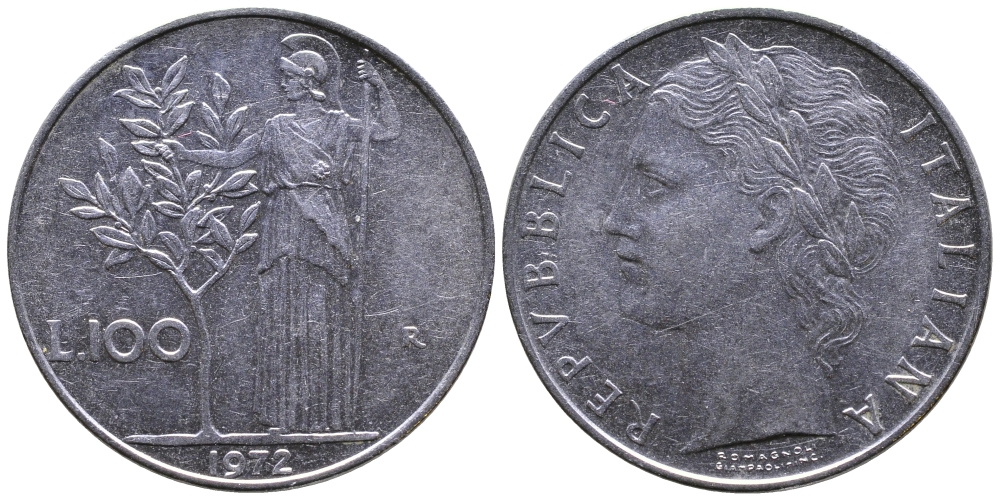ИТАЛИЯ 100 ЛИР 1972 R, АФИНА KM 96.1 нержавеющая сталь 3334-943