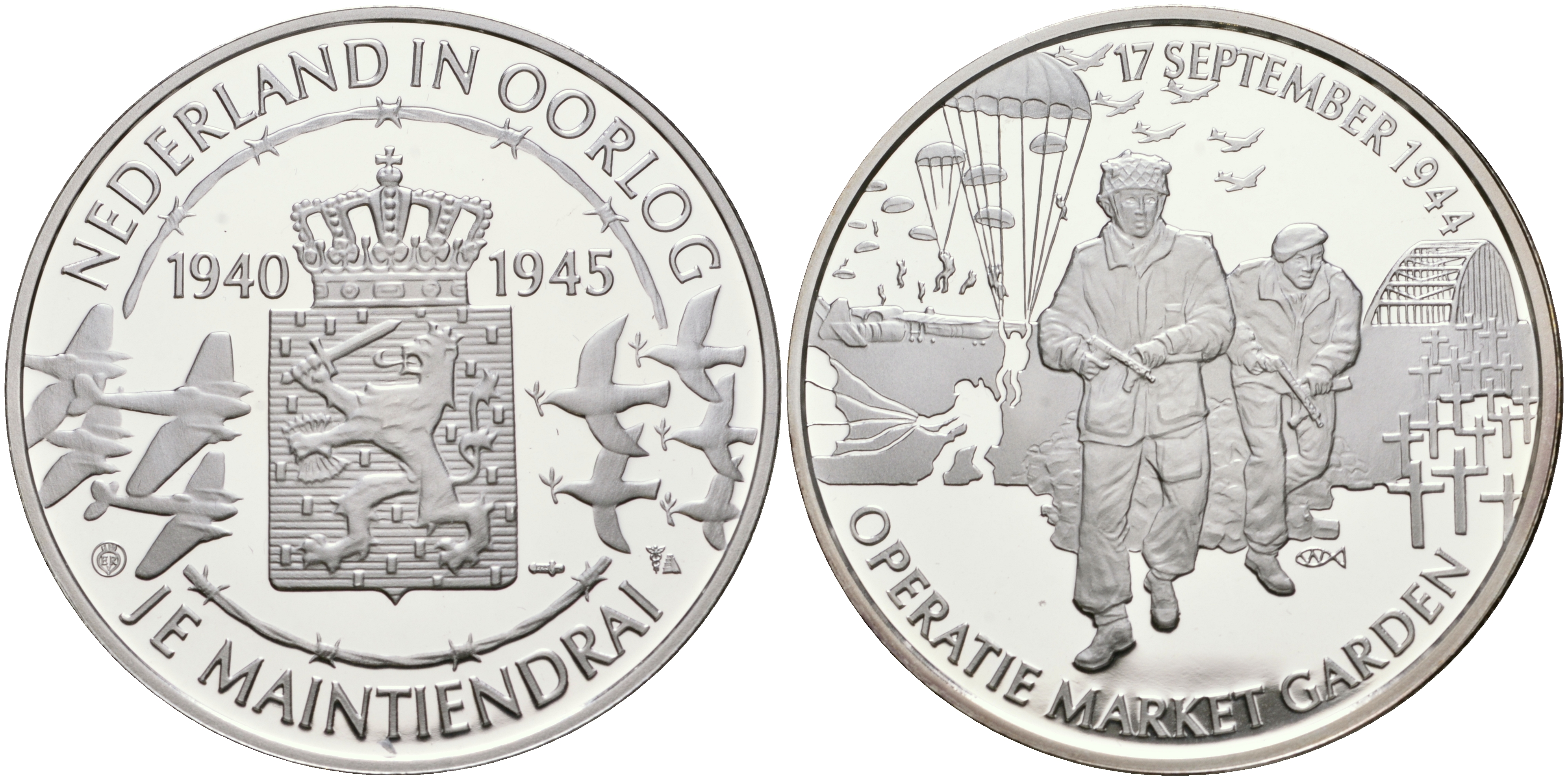 Нидерланды медаль ND Голландия в войне 1940-1945, операция "Маркет Гарден" 17 сентября 1944 года, 31,3 гр, 45,0 мм  серебро  PROOF  11-324-35