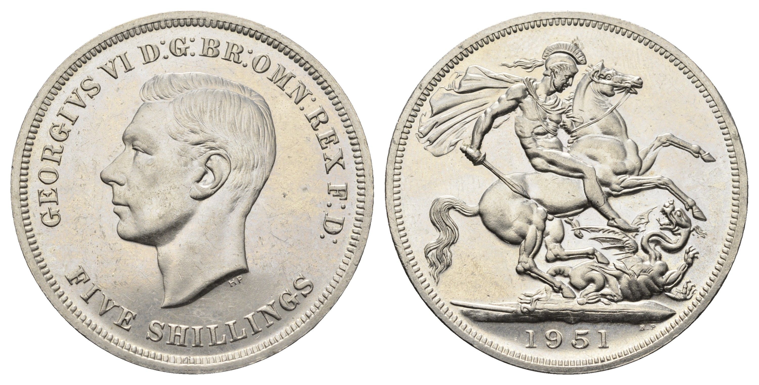 Великобритания 1 крона (5 шиллингов) 1951 Георг VI (1936-1952), фестиваль Британии, Георгий Победоносец KM 880, Spink 4111 медно-никель Prooflike 4527-935