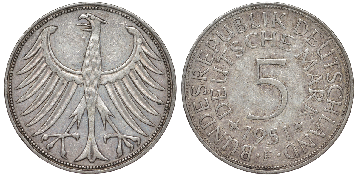ФРГ 5 марок 1951 F, KM 112.1, J.387 серебро 4178-843