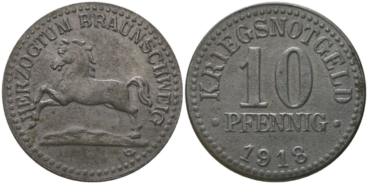 Брауншвейг 10 пфенингов 1918 Funck 56.2A, Men05 3454.3, Men18 4388.3, J N 3a. железо 4163-936