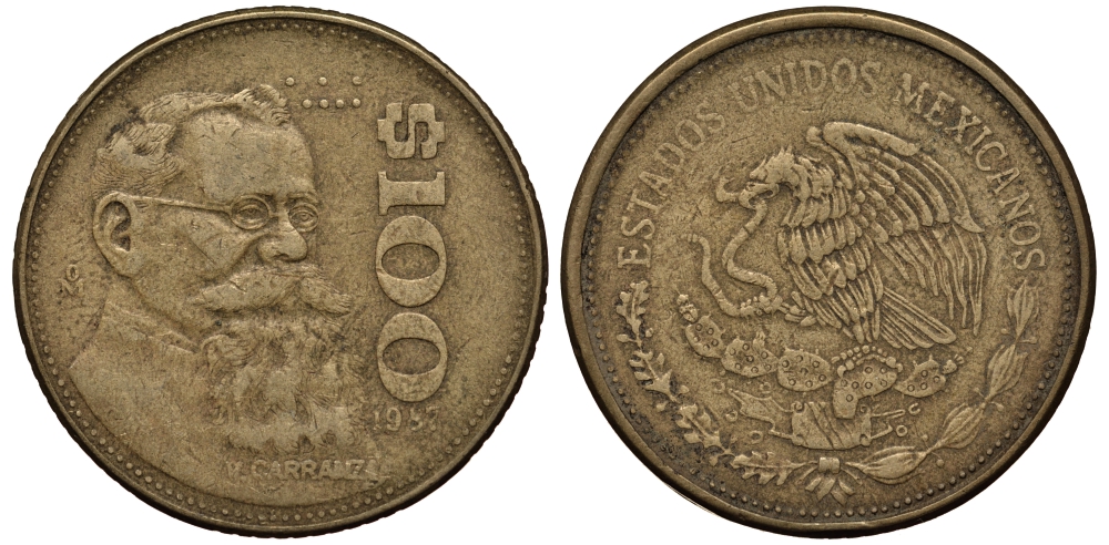 Мексика 100 песо 1987 Мо, Венустиано Карранса де ла Гарса KM 493 алюминиевая бронза G 215-1012