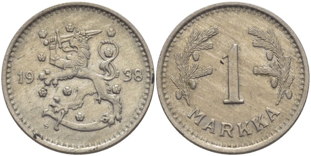 ФИНЛЯНДИЯ 1 МАРКА 1938 S KM 30 медно-никель 28-144