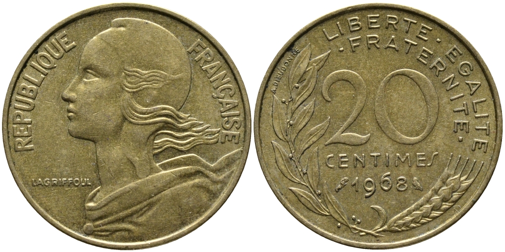 ФРАНЦИЯ 20 САНТИМОВ 1968 ТИП MARIANNE KM 930, LE FRANC 156.8 алюминиевая бронза 98-327