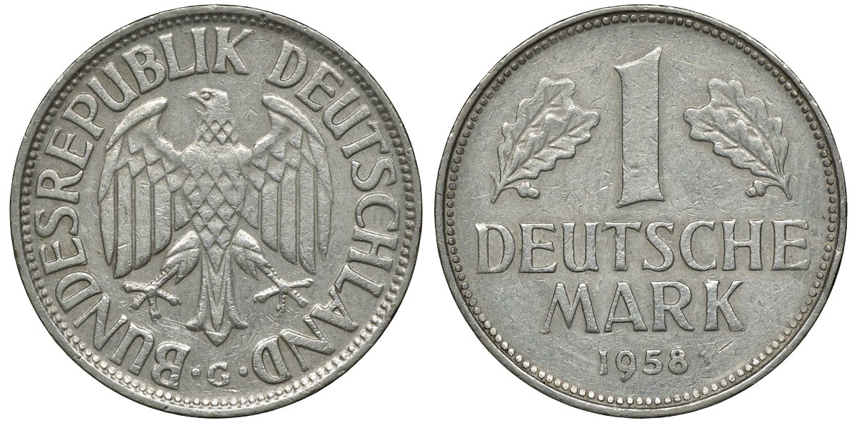 ФРГ 1 МАРКА 1958 G KM 110, J. 385 медно-никель 72-647