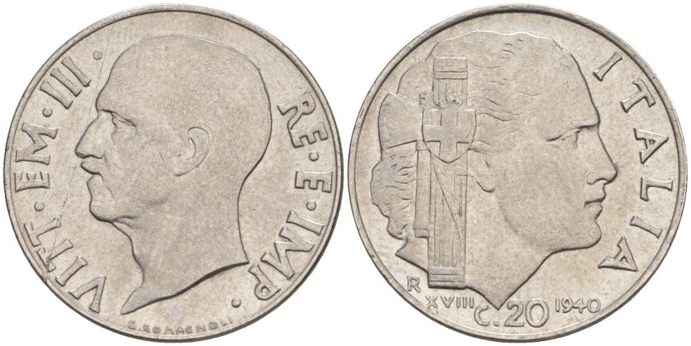 ИТАЛИЯ 20 ЧЕНТЕЗИМО 1940 R, ГОД XVIII, ВИКТОР ЭММАНУИЛ III (1900-1946), немагнитная, ГУРТ РИФЛЁНЫЙ KM 75d, VEM3. 1026a) нержавеющая сталь 3853-541
