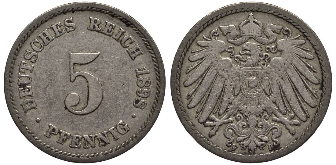 ГЕРМАНИЯ 5 ПФЕННИГОВ 1898 F KM 11, Jager 12, Weege 6 медно-никель 4547-359