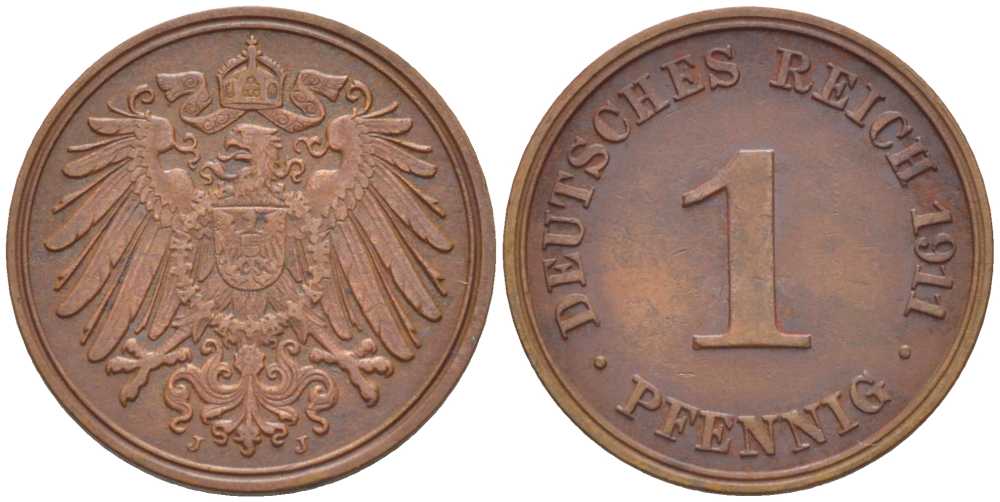 ГЕРМАНИЯ 1 ПФЕННИГ 1911 J KM 10, J. 10, Weege 2 медь 211-449