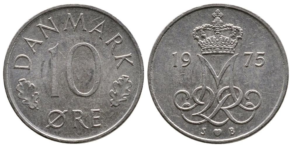 ДАНИЯ 10 ЭРЕ 1975 S; B, МАРГРЕТЕ II (1972-) KM 860.1 медно-никель 26-935