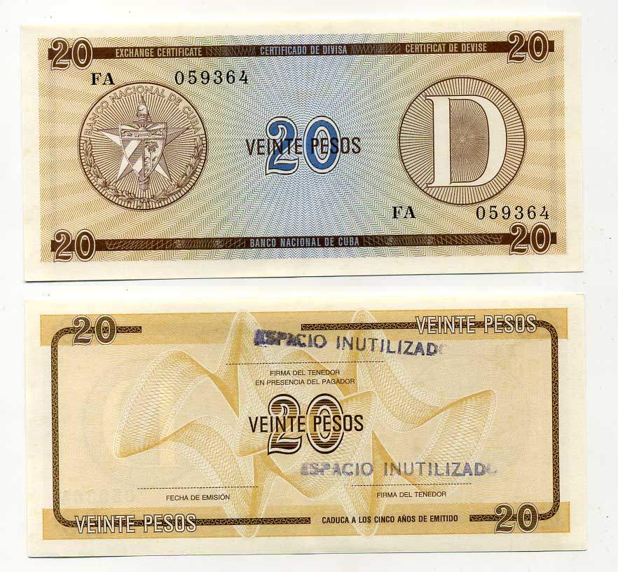 Куба, валютный сертификат 20 песо ND серия D, желтая, второй выпуск Pick FX 36 бумага UNC (пресс) 7487-61-1-1