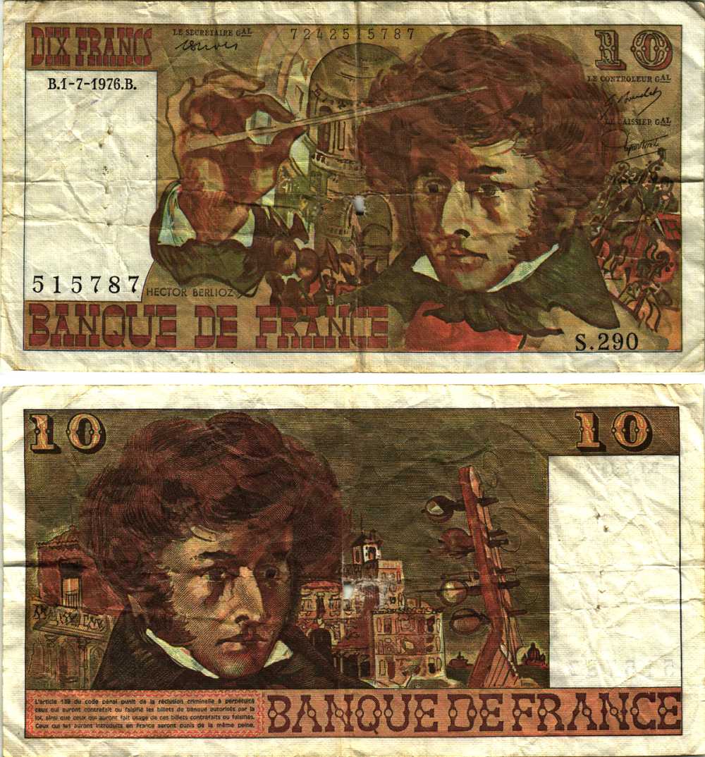 ФРАНЦИЯ 10 ФРАНКОВ 1976 1 ИЮЛЯ 1976, ГЕКТОР БЕРЛИОЗ Pick 150с бумага 00-00